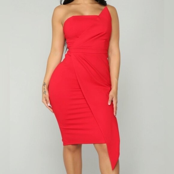 𝙁𝙍𝙀𝙀 🅽🅴🆆 Fashion Nova Hope You’re Happy Dress, asymmetrical red midi, M - Picture 2 of 14